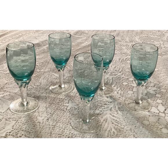 Empoli Italian Teal Blue Twisted Stemware 5 Stem Cordials Glass Set 4.25” - Picture 7 of 9